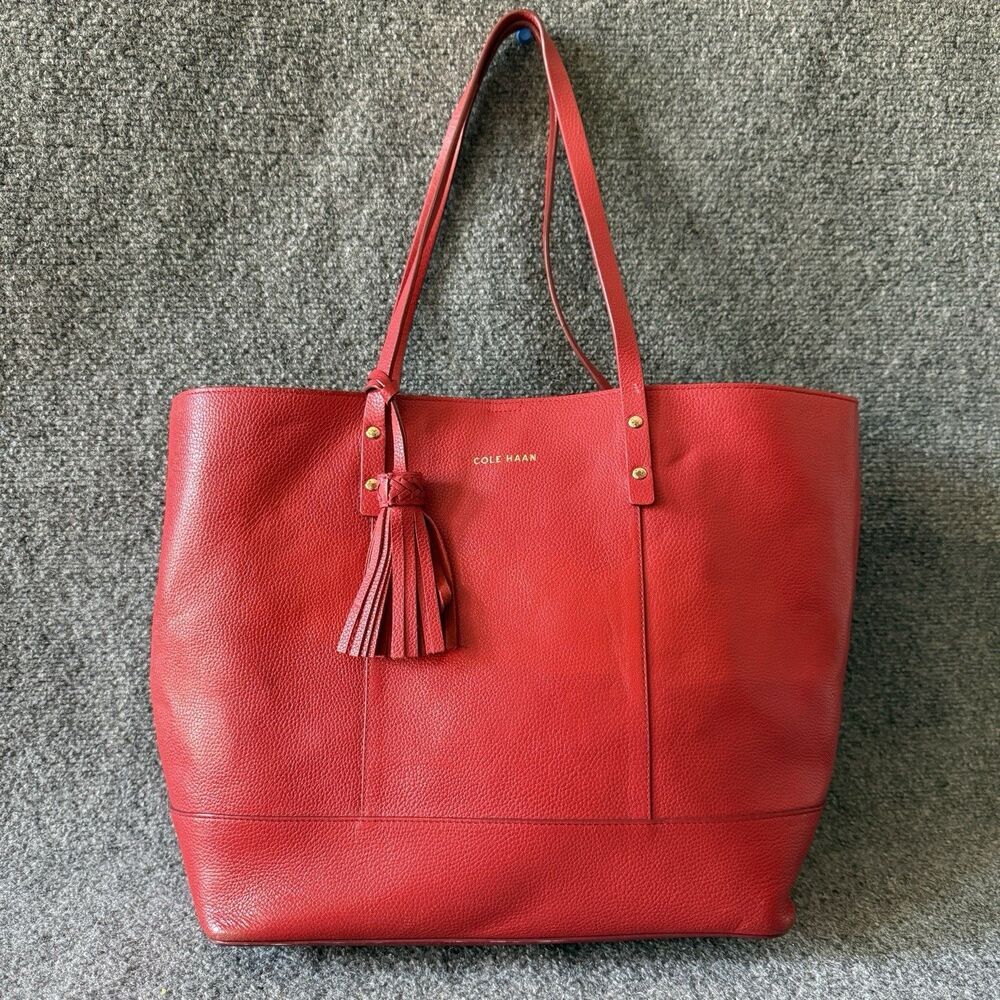 Cole Haan Red Pebbled Large Tote Bag Tassel Charm Gold Hardware Blue Lining